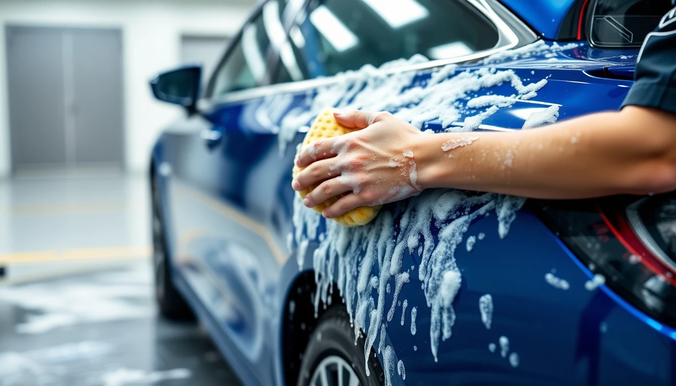 Persona lavando un auto azul con espuma