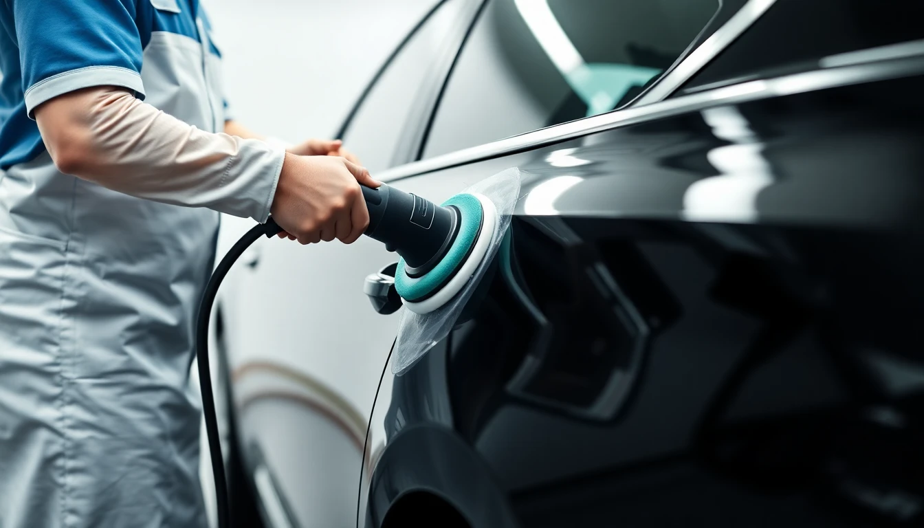 Persona encerando un auto Negro con pulidora